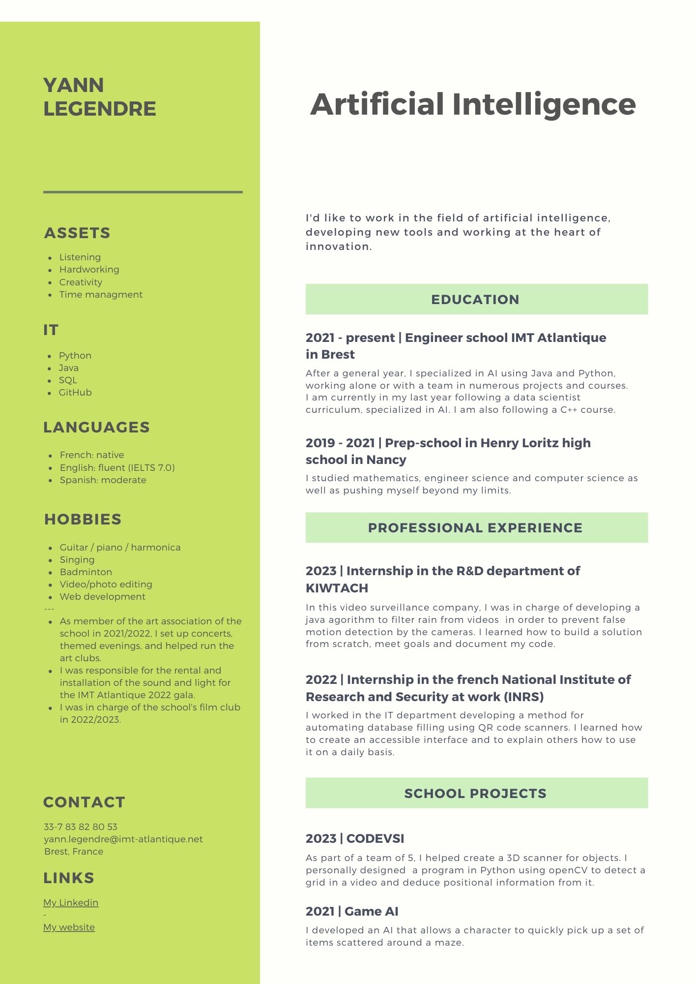 Curriculum vitae de Yann Legendre